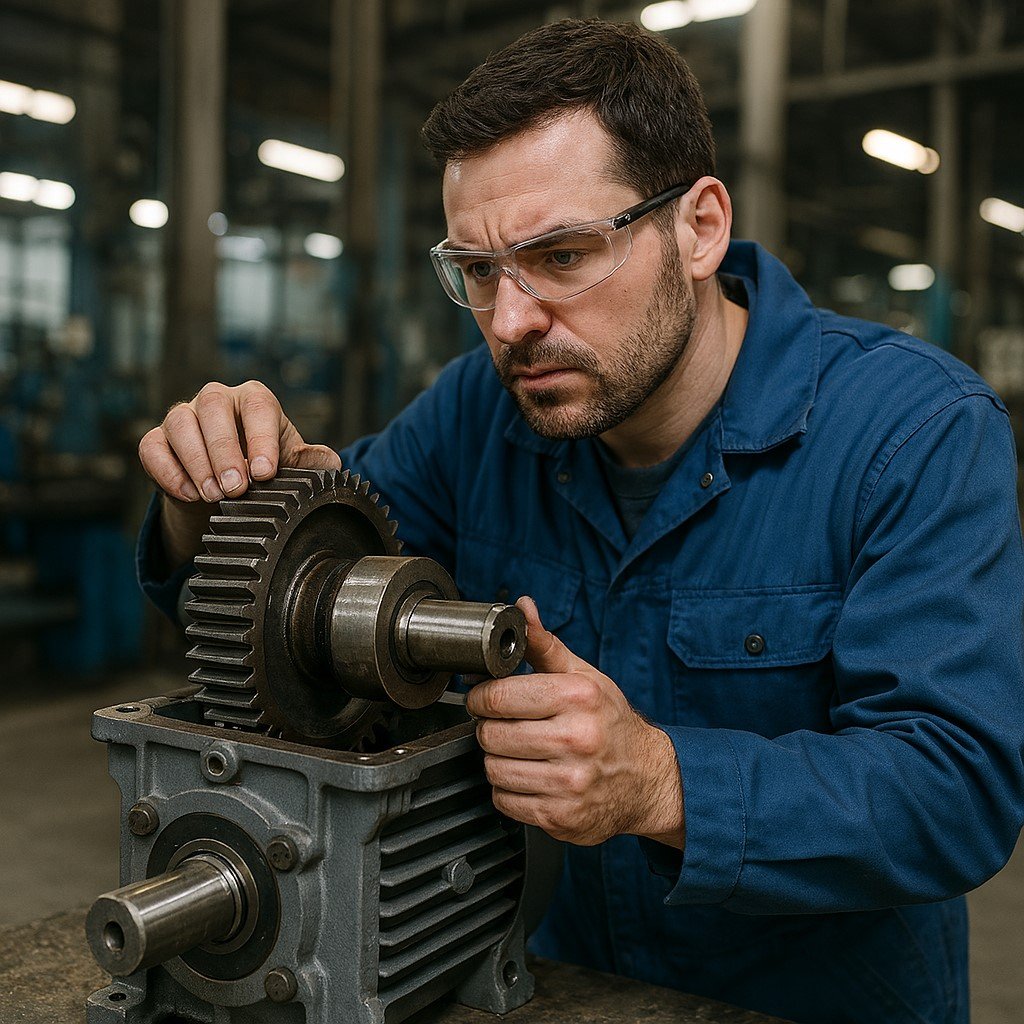 Técnico revisando reductor mecánico